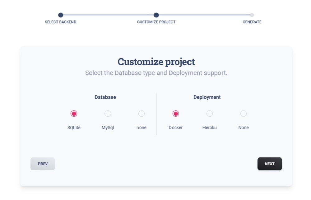 App Generator Volt - Choose Project Settings