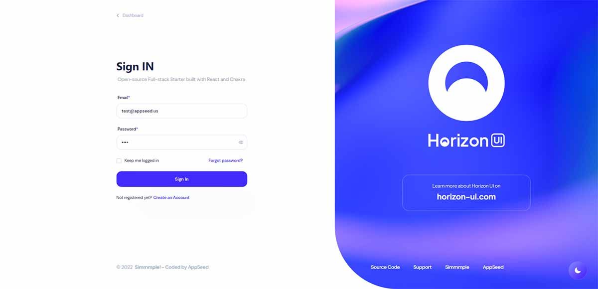 React Horizon UI (full-stack) - Login Page