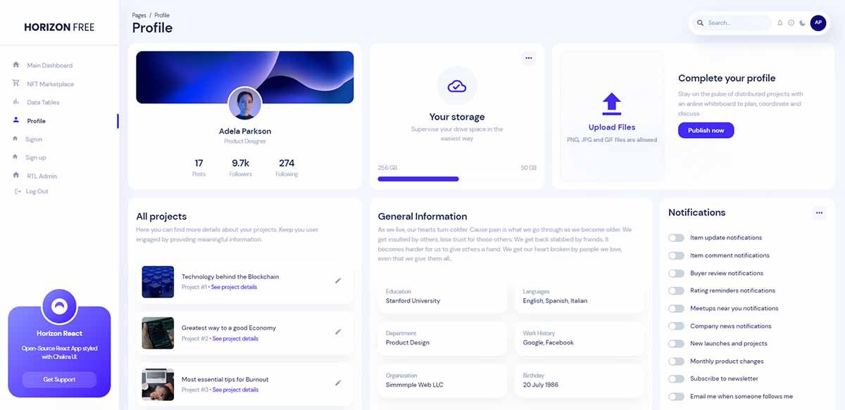 React Horizon UI (full-stack) - User Profile Page