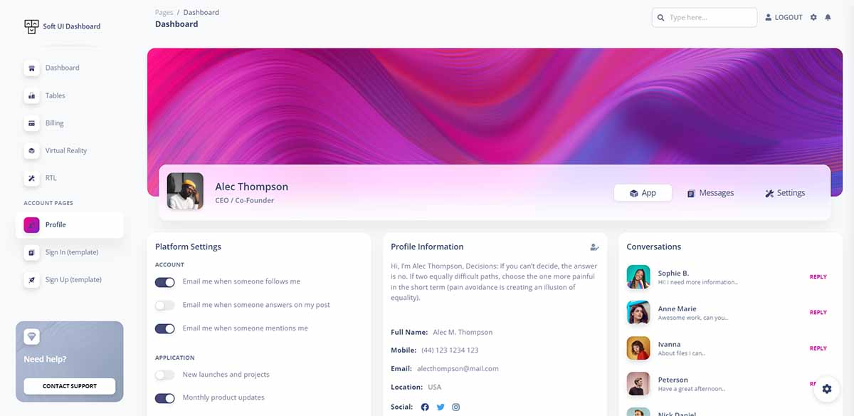 Soft Dashboard Tailwind CSS - User Profile Page
