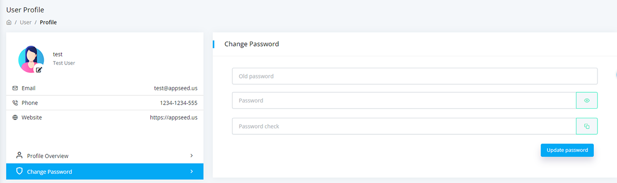 Flask Datta PRO - Update Password Component