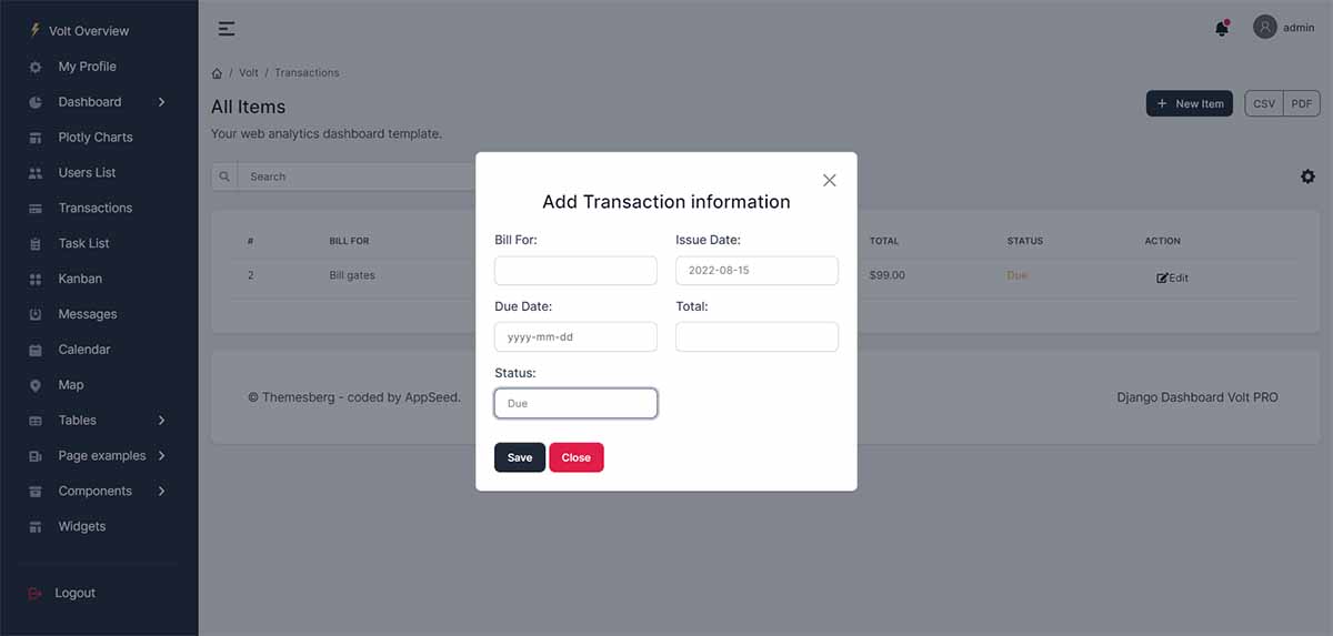 Django Volt PRO - Create New Transaction (premium feature).