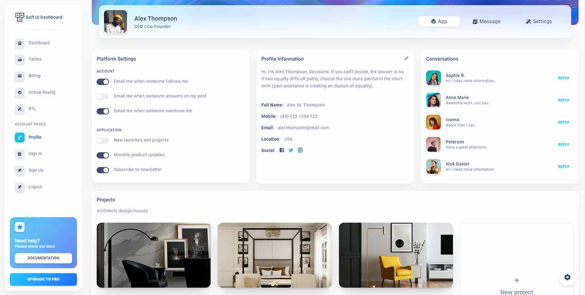 React Soft Dashboard - Profile Page (free product by AppSeed)