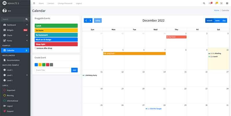 Django AdminLTE - Calendar Page (free PyPi theme by AppSeed) 
