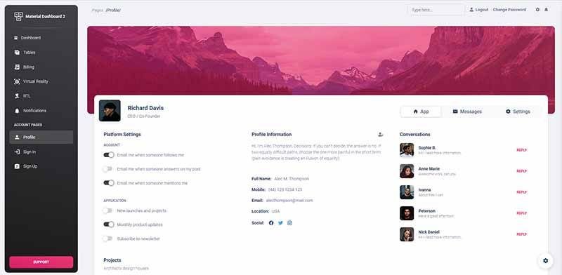 Django Material Dashboard - Profile Page (free starter by AppSeed)
