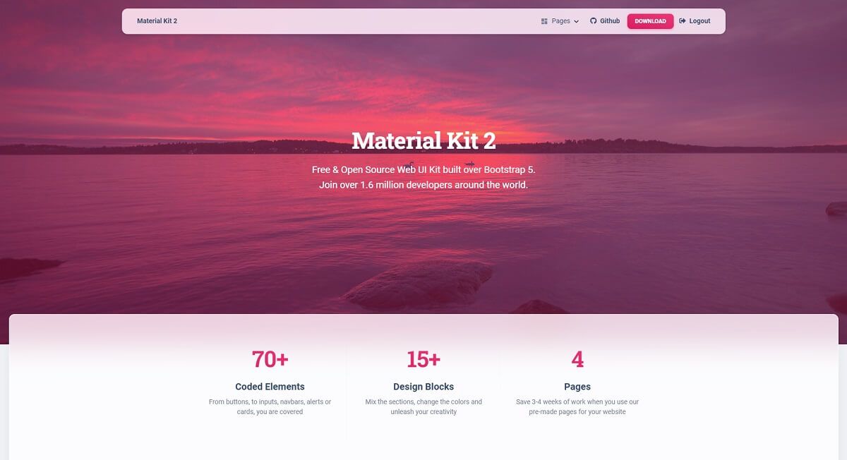 A colorful page provided by Material Kit, an open-source Django Website Template.