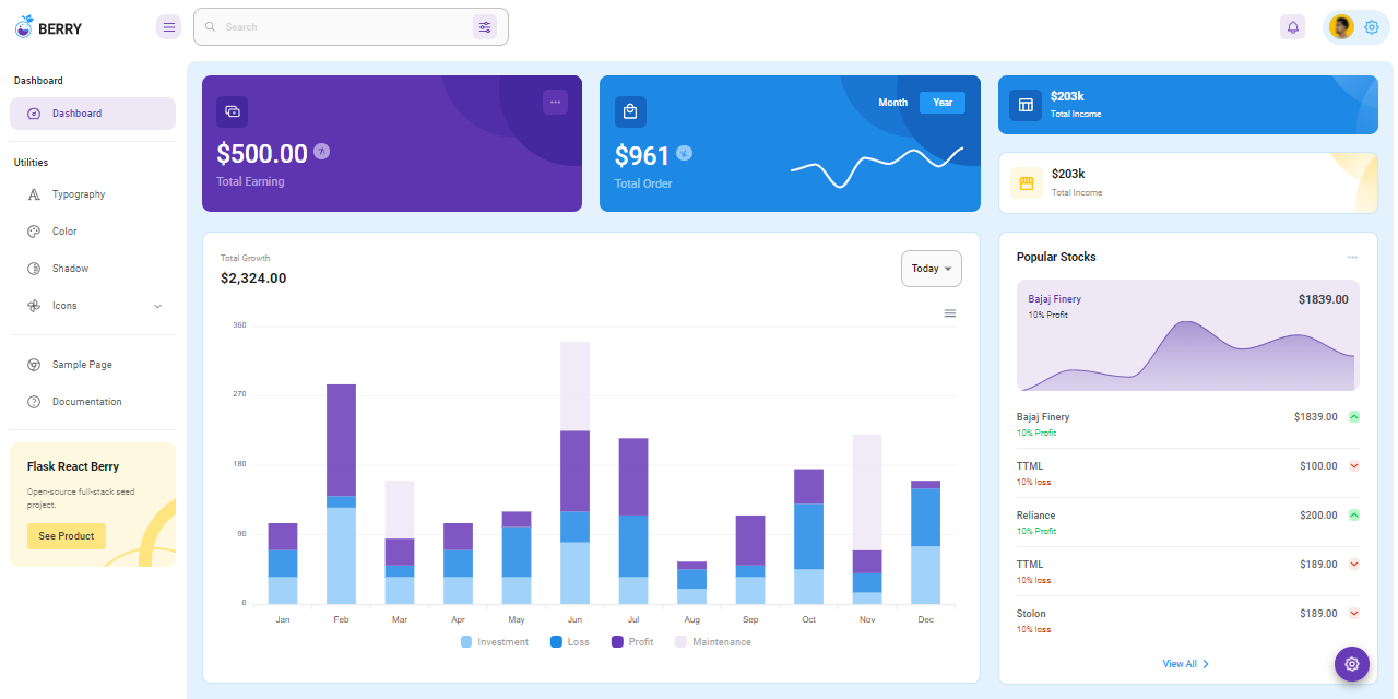 A colorful dashboard provided by Flask React Berry, an open-source starter provided by AppSeed.