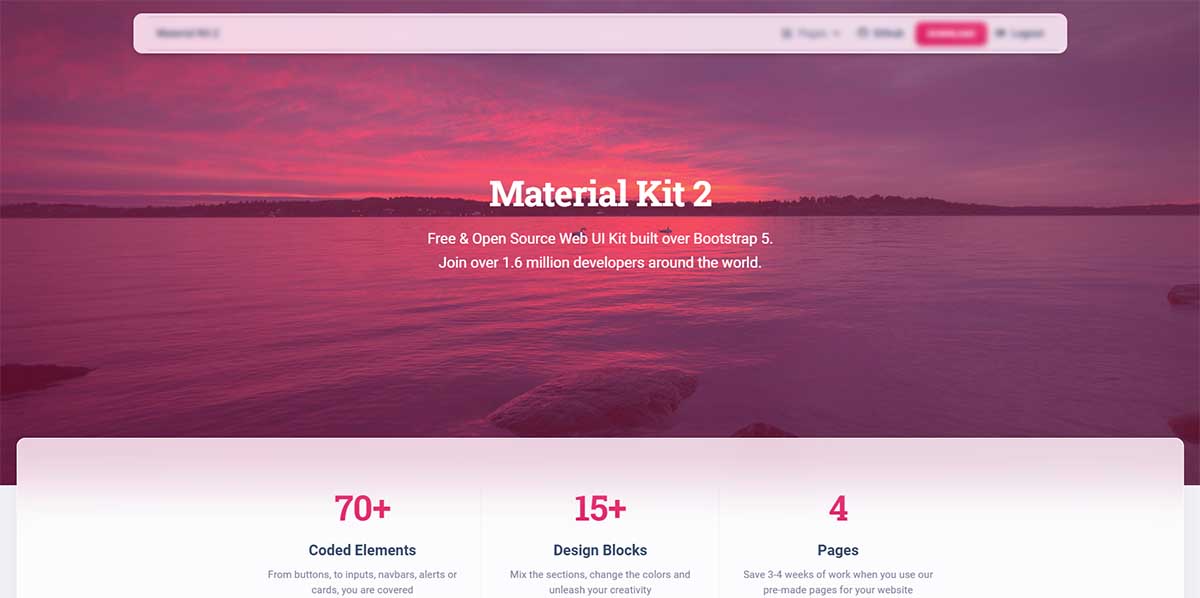 A colorful web page styled with material design on top of Bootstrap 5 and Django. 