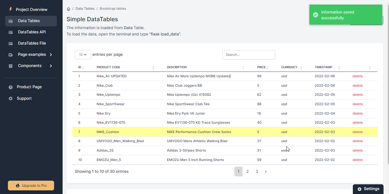 Flask Data Tables - Inline Edit Feature